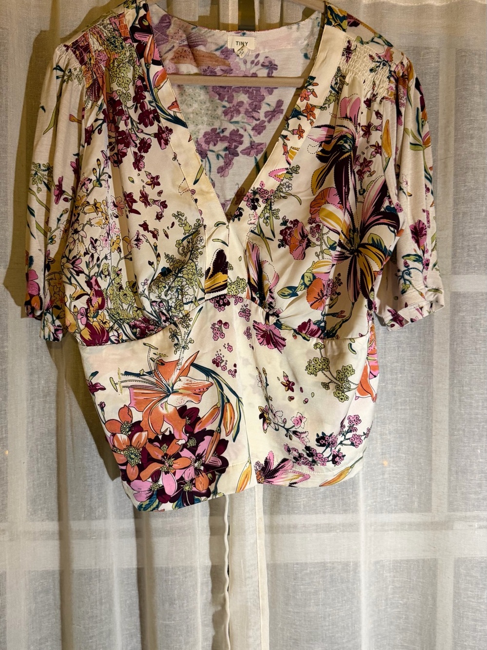 Tiny Floral V-Neck Blouse in Cream with Pink & Orange Print